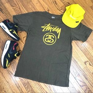 Stussy Authentic olive brown yellow logo tee used